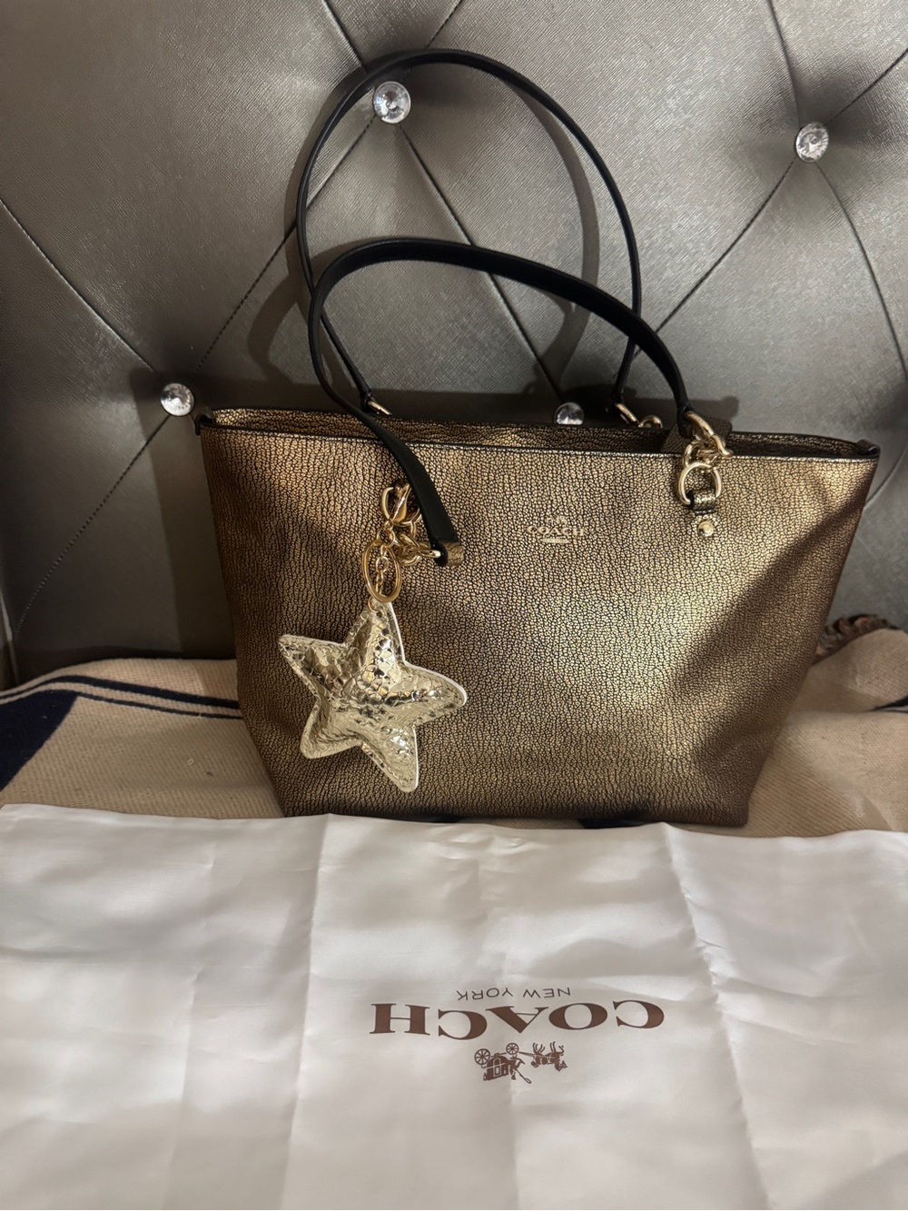 Coach Metallic Bronze Leather Tote with Black Handles and Star Charm